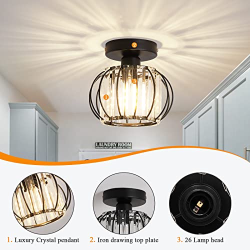 2 Pack Semi Flush Mount Ceiling Light Fixture Modern Small Crystal Chandelier Mini Indoor Ceiling Lamp for Bathroom Hallway Foyer Porch Hall Closet（Black） (2 Count)
