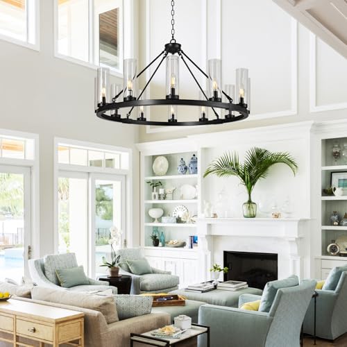 12 Light Black Chandelier Wagon Wheel Chandelier with Clear Glass Shade Round Industrial Pendant Lighting Fixture for Stair Living Room Foyer Kitchen