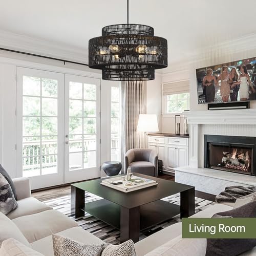 24" Black Rattan Chandelier for Dining Room