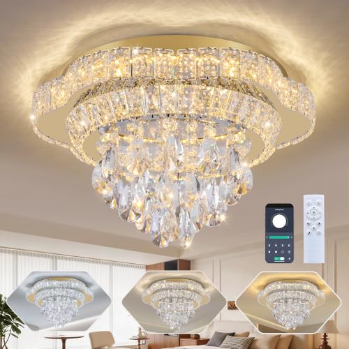 18" Gold Crystal Flush Mount Chandelier Modern LED Ceiling Light Fixture