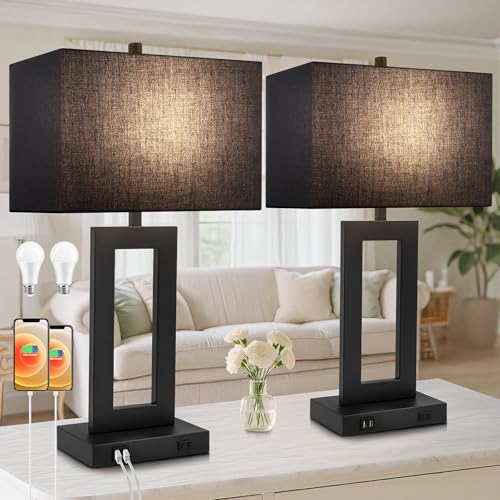 28" Black Modern Table Lamp Set of 2 with 2 USB Ports&AC Outlet (2 Count)