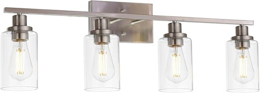MELUCEE Bathroom Light Fixtures Brushed Nickel 4 Heads Modern Vanity Lights Wall Sconce with Clear Glass Shade for Hallway Kitchen Bedroom Living Room (Patent No.: US D963914 S) - Aura Lighting