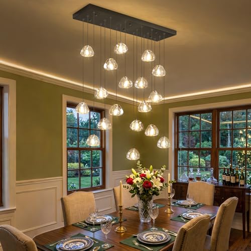 W35 x D11.8 x H118 Rectangular Chandelier Bubble Crystal Balls Glam Chandeliers Dimmable Light High Ceiling Pendants Light Fixtures Adjustable Long Lights Black