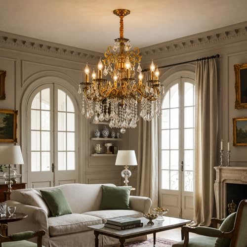 Vintage 8 Arms Crystal Chandelier Candle Light Fixture for Dining Room Living Room Bedroom Hallway Entryway Antique Gold Finish
