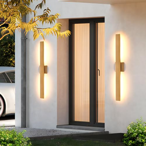 Gold LED Outdoor Wall Sconce 34in Modern Exterior Lighting Fixtures 3000K Waterproof Aluminum & Glass Outside Lights for House Garage Patio (2 Count)