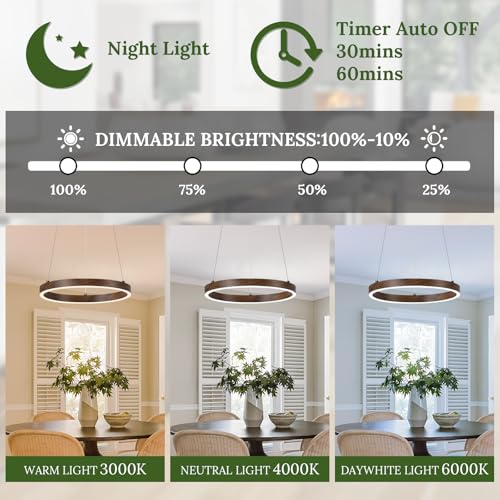 12in LED Ring Chandelier Wood Grain Modern Dimmable Pendant Light