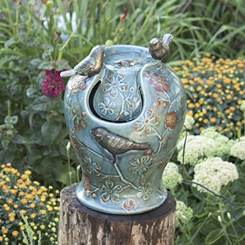 Blue Verdigris Bird Indoor Water Fountain with LED Light and Pump