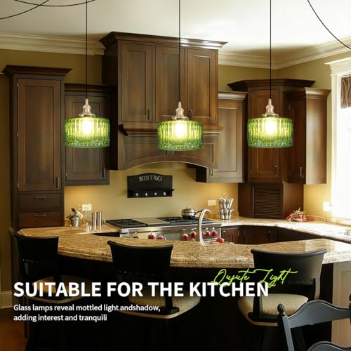 Plug in Pendant Light Green Glass Pendant Lamp Striped Glass Shade Vintage Plug in Ceiling Hanging Lamp 1