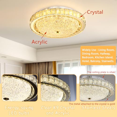 15.7" Modern Crystal Chandelier Dimmable LED Flush Mount Ceiling Light with Remote Control for Living Room Dining Room Bedroom Hallway Foyer Gold