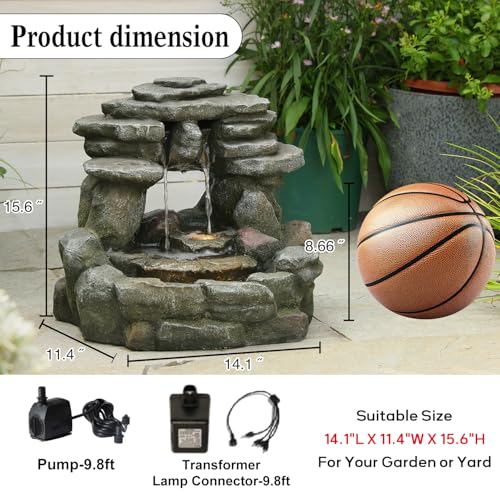 15.6" H Small Garden Outdoor Rock Water Fountain with LED Lights