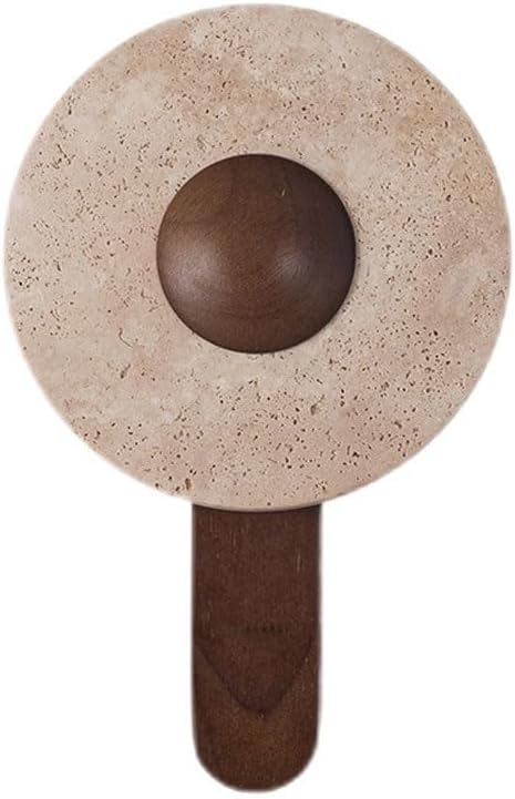 Modern Backlit Wall Sconce Travertine Stone Disc Dark Wood Arm Minimalist Hardwired LED Wall Light Fixture for Bedroom Living Room Hallway Accent Decor(Small)