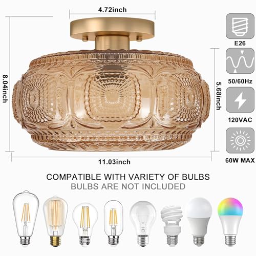 11" Mid Century Glass Semi Flush Mount Ceiling Light Fixture Amber