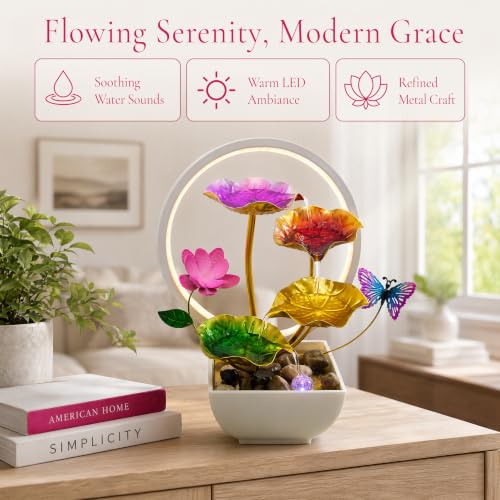 Tabletop Fountain Metal Lotus Indoor Fountain Water Feature for Zen Home Office Fengshui Decor Warm Light