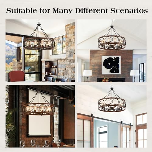 10 Light Farmhouse Drum Wood Pendant Light