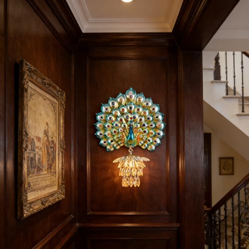 Modern Large Wall Sconce Crystal Glass Wall Mouunt Light Blue Resin Peacock Decorative Light E26 15.7" Wall Light Fixture for Bedroom Living Room Dining Room Hallway