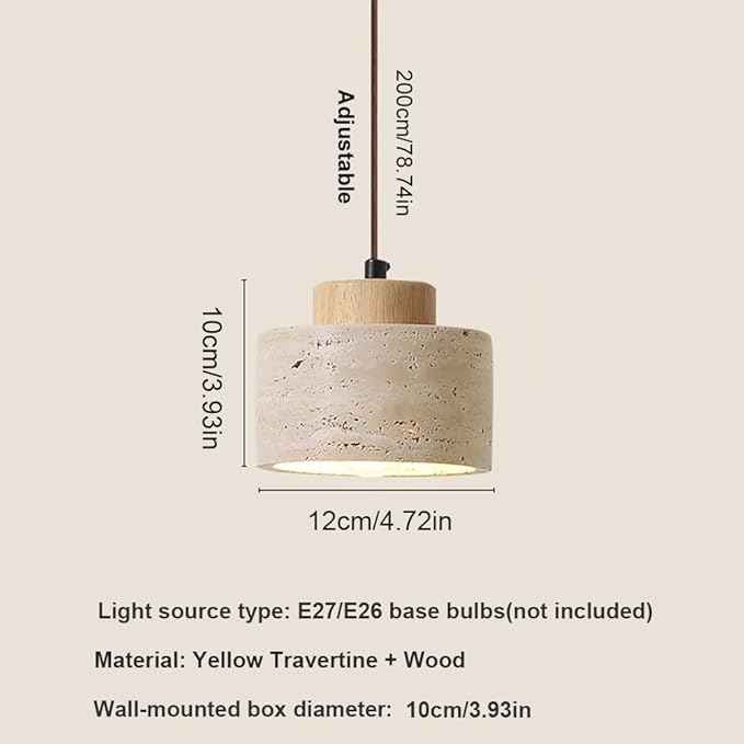 Set of 3 Japanese Travertine Hanging Lamps, Cylinder Natural Stone Pendant Lights Kitchen Island Adjustable Small Chandelier for Dining Room Bedside(Wood,12cm/4.72in)