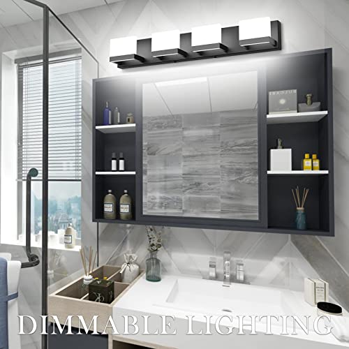 Dimmable Black LED Vanity Light for Bathroom Up and Down 4 Lights Black Modern Bathroom Wall Light Fixtures Over Mirror
