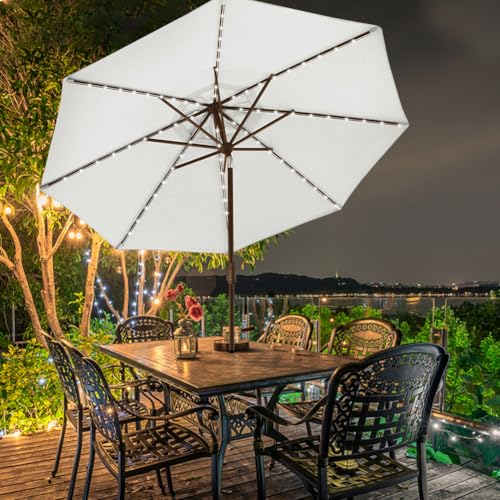 USA 10-Year-Non-Fading 9ft Market Patio Umbrella, Commercial Grade Table Sun Umbrella with 80 Solar LED Lights, Crank Open, Windproof & UPF 50+ UV Protection for Garden, Deck, Pool, Backyard, White