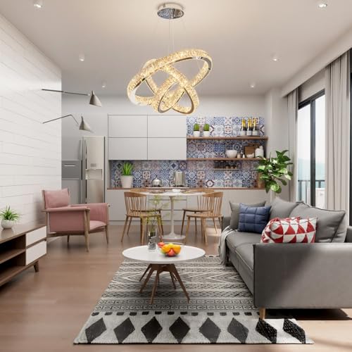 3 Rings Crystal Chandeliers 32"+24"+16" Crystal Ceiling Light Fixture Pendant Lighting Hanging Lamp for Living Room LED Dimmable 3000