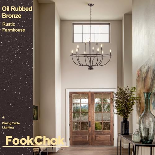 12 Light Farmhouse Oil Rubbed Bronze Chandelier Large High Ceiling Foyer Metal Candle Chandeliers for Dining Room Hanging Lighting for Kitchen Living Room Entryway