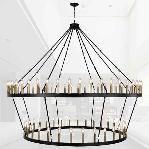 Rustic Farmhouse Wagon Wheel Chandelier Black+Brushed Brass Large Chandeliers for High Ceilings 2 Tier 80Lights 78.7 Inch for Dining Room Living Room Foyer Porch Kitchen Island
