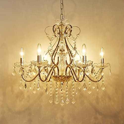 Saint Mossi 6 Light Crystal Chandelier Light Fixture Modern Chandelier Crystal Lighting, French Gold Crystal Raindrop Chandelier for Dining Room,Bedroom,Living Room, H23 x D24