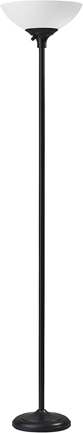 Adesso Black Torchiere Floor Lamp with Frosted White Shade – 300W Double Socket Construction, Modern Accent Lighting for Bedroom, Living Room, or Home Office, 71” Tall