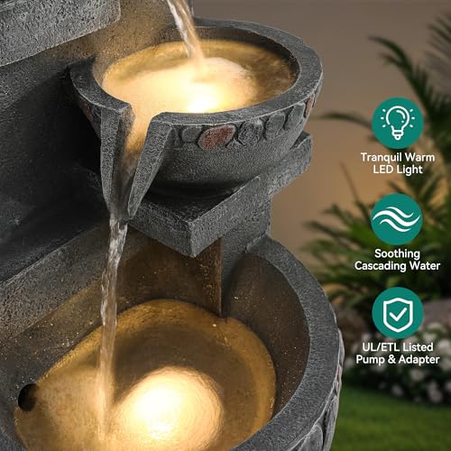 4 Tier Outdoor Water Fountain Outdoor with Pebbles and Warm LED Lights