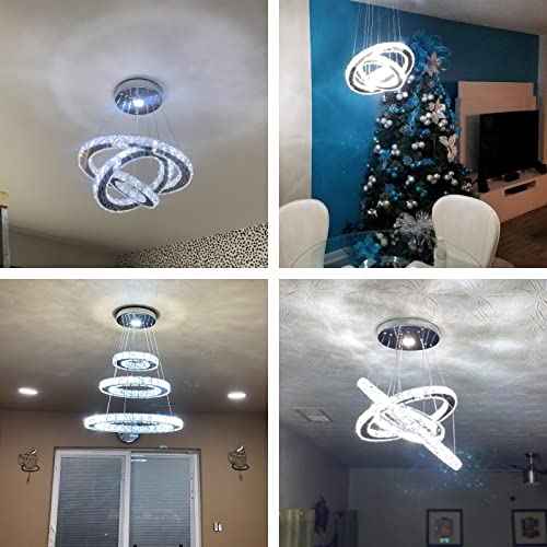 3-Ring Crystal LED Chandelier Modern Ring Pendant Light,47W Cool White (4500K-6000K) K9 Crystal&Stainless Steel, Adjustable Height for Dining Room Kitchen Island Living Room Foyer