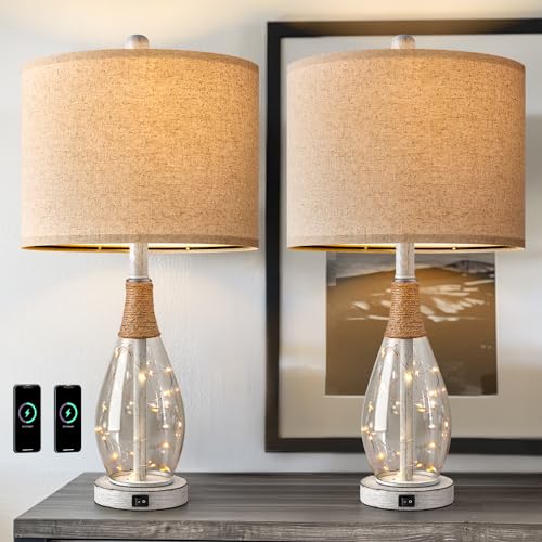23" Table Lamps for Living Room Set of 2 Bedside Lamps for Night Stands Bedroom Lamps Farmhouse Rattan Boho Lamp Glass Nightlight End Table Lamp with USB C+A (2 Count)