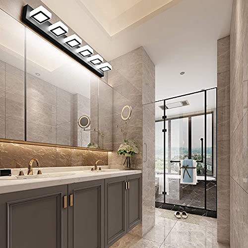 6 Lights LED Modern Dimmable Matte Black Vanity Light Acrylic Modern Vanity Wall Light Over Mirror Dimmable Bathroom Vanity Lighting Fixtures 6000K Cool White Light