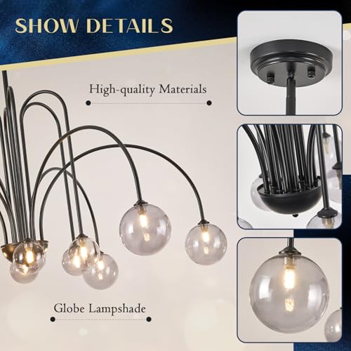 Black Sputnik Chandelier with Smoke Glass Globe 12 Lights L52 Inch