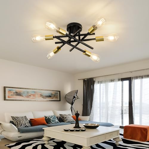 6 Lights Sputnik Semi Flush Mount Ceiling Light Fixture Modern Metal Black and Gold Chandeliers with E26 Bulb Base Close to Ceiling Light for Kitchen Dining Room Living Room Hallway Bedroom
