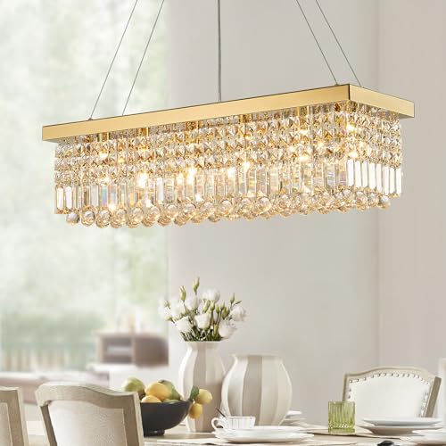 6 Light Modern Crystal Chandelier Rectangular Gold K9 Crystal Raindrop Chandelier for Dining Room