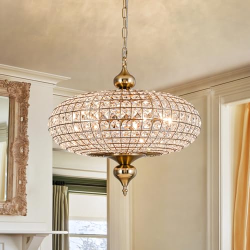 Brass Crystal Chandelier 20.5" Vintage Dining Room Chandelier Over Table