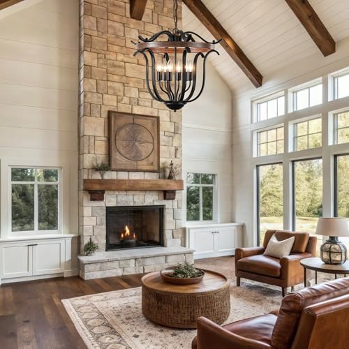 20" Black Farmhouse Chandelier for Dining Room 6 Light Cage Light Fixture