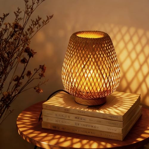 Boho Rattan Small Table Lamp with Double Layer Bamboo Woven Shade