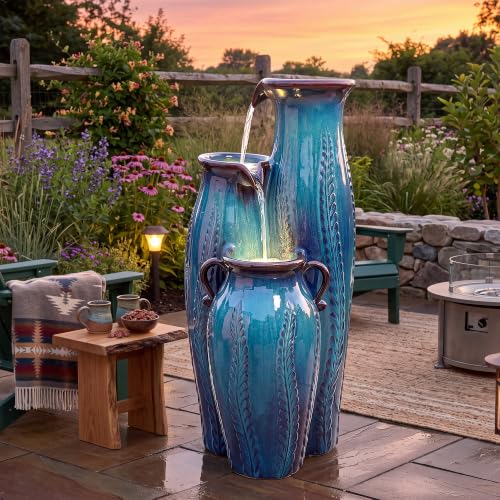 30" Ceramic Vase Water Fountain Outdoor with LED Lights