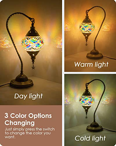 Turkish Moroccan Lamp with Bronze Base 3 Color Options Handmade Swan Neck Mosaic Glass Bedside Lamps for Bedroom