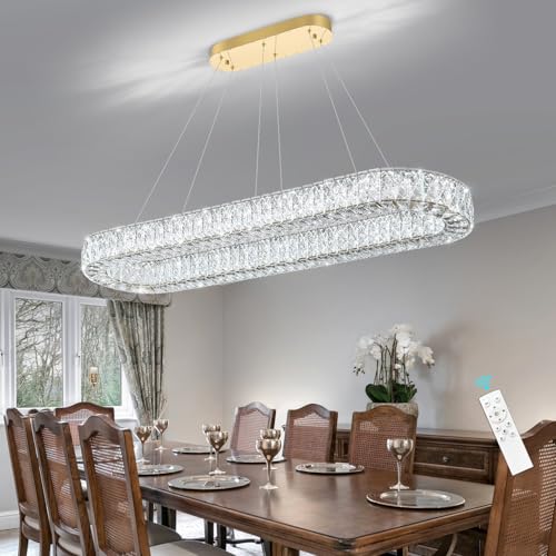 Modern Oval Chandelier Rectangular K9 Crystal Chandeliers for Dining Room Dimmable LED Light Fixture with Remote for Living Room Kitchen Light Gold