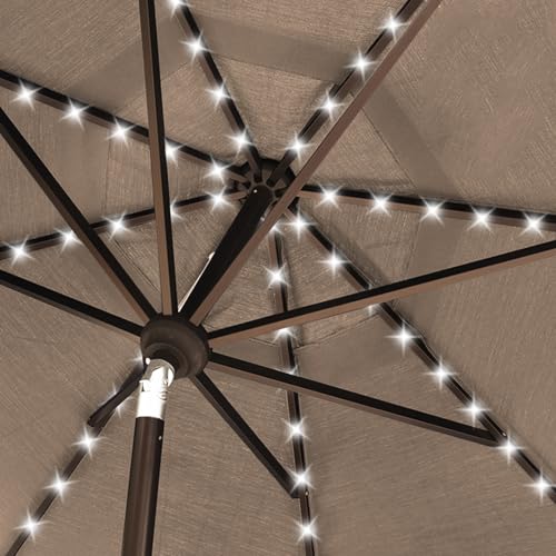 USA 10-Year-Non-Fading 10ft Market Patio Umbrella, Commercial Grade Table Sun Umbrella with 80 Solar LED Lights, Crank Open, Windproof & UPF 50+ UV Protection for Garden, Deck, Pool, Backyard, Heather Beige