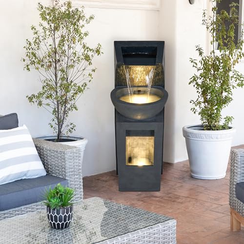 41" Tall Outdoor Basin Waterfall Floor Fountain with LED Lights for Garden