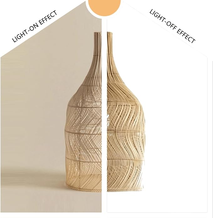 Wabi-Sabi Style Rattan Pendant Light, Handwoven Bottle Shape Hanging Lamp, Natural Bohemian Style Bedroom Hanging Light Fixture with E27 Base for Tea Room Living Room Bedroom Guesthouse