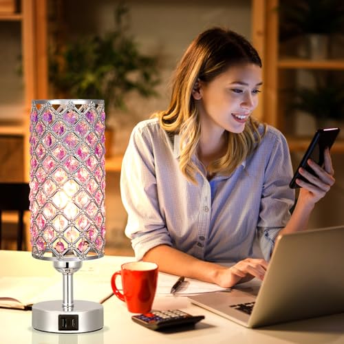 Purple Crystal Table Lamp with USB C+A 3