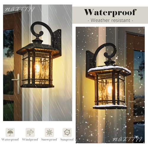 Outdoor Wall Lights Garage Outdoor Light Fixtures Waterproof Porch Light with Water Ripple Glass Black Finish E26 Socket Max 60W
