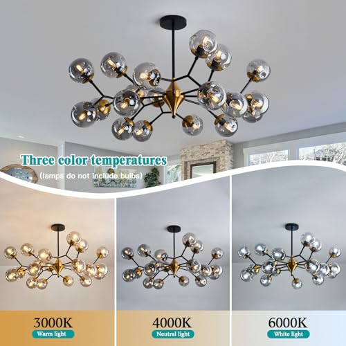 20 Light Extra Large Sputnik Chandelier Mid Century Modern Black and Gold Ceiling Light Fixture with Glass Globe Pendant Light Hanging for Dining Room Kitchen Living Room Foyer