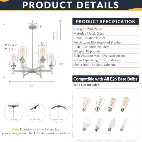 6 Light Brushed Nickel Chandeliers for Dining Room Light Fixture