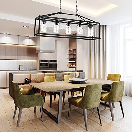 Black Farmhouse Chandeliers Rectangle 5 Light Modern Kitchen Island Pendant Light with Clear Water Glass Industrial Linear Dining Room Lighting Fixture Hanging Flush Mount Ceiling Lights