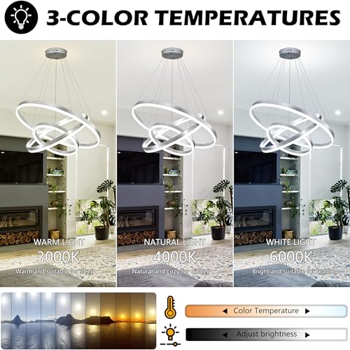 31.5" Nickel Modern Led Chandelier 3 Ring Modern Led Pendant Light Contemporary Ring Chandeliers Dimmable Chandeliers Color Temperature Adjustable Height Hanging Chandelier for Entryway