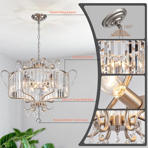 Modern Crystal Chandelier for Dining Room 24" Brushed Nickel Light Fixtures 6 (6 Count)
